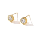 Elegant gold plated S925 silver stud earrings with clear faceted gemstone in rope border - Inlaid Zirconia Style (NCE03231)