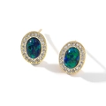 Elegant gold oval stud earrings with deep blue opal stone and halo of white crystals - Opal Studs (NCE03240)