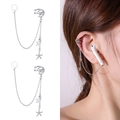 Detail view of silver anti-lost earring chains with moon and star zircon charms - Full Zirconia Star Moon Style (NCE03129)