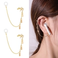 Detail view and model wearing a gold wireless earphone anti-loss chain with flower design - Five-Petal Flower Style (NCE03103) / Gold