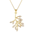 Elegant gold maple leaf branch pendant necklace with sparkling cubic zirconia crystals - Gold Pave White Gemstone Branch Style (SL386)