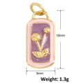 Detail view of purple enamel rectangular pendant with gold floral relief and size metrics - Purple Flower (A1071)