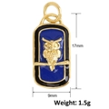 Macro view of gold owl pendant with blue enamel, size 17x9mm and 1.5g weight info - Blue Black Owl (A1074)