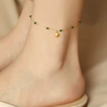 Retro 18K gold plated titanium steel anklet with green zircon and shell pendant on ankle - Green Rhinestone Shell Style / Gold