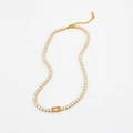 Gold tennis necklace with white cubic zirconia and a champagne rectangular centerpiece - Necklace (CK1982) / Champagne