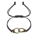 Detail of adjustable black woven rope bracelet with gold freedom handcuff charm - Handcuff Style (B0143) / Bronze