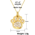 Vue détaillée du collier pendentif patte de chat doré avec dimensions et longueur de chaîne - Style Empreinte de Patte (SL802) / Or