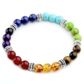 Gedetailleerd overzicht van natuursteen chakra-kralen met vintage zilveren tussenstukken - Zeven Chakra Stijl (B0905)