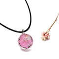 Detail of clear glass globe pendant featuring dried pink flowers with black cord necklace - Pink (N0666)
