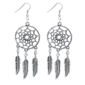 Boucles d'oreilles attrape-rêves bohèmes avec plumes argentées et accents turquoise - Boucles d'oreilles argentées vintage (E0001)