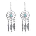 Boucles d'oreilles attrape-rêves bohèmes en argent avec perles turquoise et plumes - Boucles d'oreilles turquoise (E0181)
