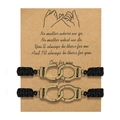 Handmade black woven friendship bracelets with golden freedom handcuffs on a gift card - Flat Knot Card Style (B2750) / Two-Piece Set / Bronze