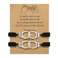 Matching handcuffs bracelet set in black braided cord with Freedom engraving - Flat Knot Card Style (B2751) / Two-Piece Set / Antique Silver