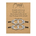 Handmade black woven couple bracelets with silver freedom handcuffs on a gift card - Simple Card Style (B2754) / Two-Piece Set / Antique Silver