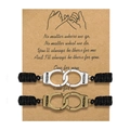 Handmade woven couple handcuffs bracelets with silver and bronze finish on gift card - Flat Knot Card Style (B2752) / Two-Piece Set / Bronze + Silver
