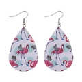 Detailed close-up of teardrop faux leather earrings with flamingo and butterfly prints - Tropical Flamingo Butterfly Style (E0896)