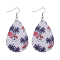 Close-up of teardrop faux leather earrings with flamingo and palm tree tropical print - Red Sun Flamingo Island Style (E1018)