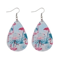 Detail of teardrop leather earrings featuring pink flamingo and palm leaf tropical patterns - Pink Flamingo Tropical Leaves Style (E1009)