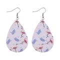 Detail of teardrop PU leather earrings with pink flamingo and palm leaf print pattern - Flamingo Palm Leaves Polka Dot Style (E1017)