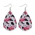 Detailed macro view of teardrop leather earrings with flamingo and cow print patterns - Flamingo Black and White Cow Pattern Style (E0889)