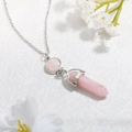 Pink rose quartz hexagonal crystal pendant necklace with silver chain for women - Pink (N0282)
