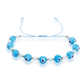 Blue glass evil eye beaded bracelet with stainless steel gold accents and macrame cord - Light Blue Woven Style (B2743)
