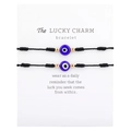 Macro-opname van verstelbare Evil Eye-armbanden met zwart koord en blauwe glazen kralen - Zwart Koord (B2156)