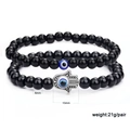 6mm Black glass and white turquoise beaded bracelet set with Hamsa hand and evil eye charms - Hamsa Hand Evil Eye Set (B2691) / 2-Piece Set (6mm Beads) / Bright Black