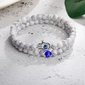 White turquoise beaded bracelet set with silver Hamsa Hand and blue Evil Eye charm - Hamsa Hand Double Layer Stacking Style (B2692) / White