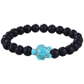 Elastic beaded bracelet with matte black stones and a turquoise sea turtle charm - Matte Black Turtle (B3560)