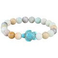 Detailed macro view of natural stone beads and a green turtle charm on an elastic bracelet - Stone Turtle (B3561)