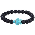 Detail of beaded bracelet with black lava stones and turquoise sea turtle charm - Lava Stone Turtle (B3558)