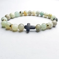 Natural green and white stone bead bracelet with a black matte cross pendant - Stone Gold Spacer (J1482)