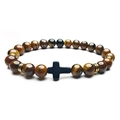 Tiger eye stone beaded bracelet with black cross charm and gold metal accents - Tiger Eye Gold Spacer (J2476)