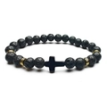 Lava rock beaded bracelet with black cross pendant and gold spacers for men and women - Lava Stone Gold Spacer (J2477)