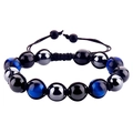 Handmade woven bracelet featuring tiger eye beads and obsidian with adjustable cord - Blue Tiger Eye + Hematite (B3084)