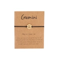 Handmade Gemini constellation bracelet with black wax rope and golden zodiac charm - Gold Gemini (B0826)