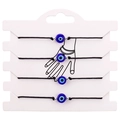Dettaglio di quattro bracciali intrecciati Malocchio con perline di vetro blu su carta - Set Perla Blu Scuro Cordino Nero