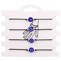 Dettaglio di quattro braccialetti fatti a mano con occhio del diavolo e perline blu - Set Cordino Nero Occhio Blu Perla Oro