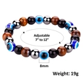 Detail view of 8mm tiger eye and obsidian beads with adjustable cord dimensions - Yellow Tiger Eye Evil Eye Style (B3110) / 8mm Beads (Adjustable) / Tan