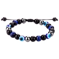 Détail du bracelet réglable œil maléfique avec perles d'obsidienne noire et œil de tigre - Style Oeil de Tigre Bleu Tissé (B3112)