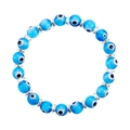 Blue glass Evil Eye beaded bracelet with silver spacers on a clean white background - Silver Tone - Lake Blue Lampwork Eye (B2780)