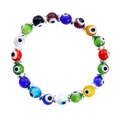 Colorful Evil Eye bead bracelet with silver spacers and diverse glass beads on white background - Silver Tone - Multicolor Lampwork Eye (B2782)