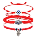 Handgemaakte rode koordarmband set met blauwe boze oog en hamsa hand bedels 4 stuks - Boze Oog & Hamsa Set (J2024) / 3-delige set / Rood