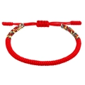 Detailed macro view of handmade red braided cord bracelet with colorful knotted accents - Red with Five-Color Thread Decor Style (B3136)