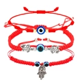 Set van drie rode koordarmbanden met blauw boze oog, zilveren schildpad en Hamsa-hand - Schildpad Hamsa Boze Oog Set (J2029) / 3-delige set / Rood