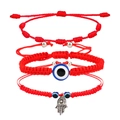 Rode koord armband set met blauwe boze ogen en zilveren hand van Fatima bedels - Boze Oog & Hamsa Set (J2026) / 3-delige set / Rood