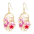 Abstract face drop earrings with real dried flowers in gold metal wire and resin - Abstract Side Face Red Floral (E1966)