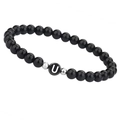 Glanzende zwarte kralenarmband met letter U bedel en zilveren gefacetteerde metalen kralen - Letter U (B2434)