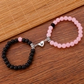 Magnetische Armbänder für Paare mit mattschwarzen und rosa Quarzsteinperlen - Rosenquarz Schwarz Mattiert Herzmagnetverschluss (J0955) / Rosa/Schwarz